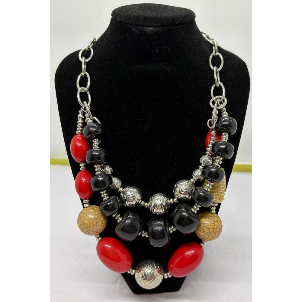 Chico’s Three Strand Chunky Silver and Resin Beaded Necklace Signed Stamped